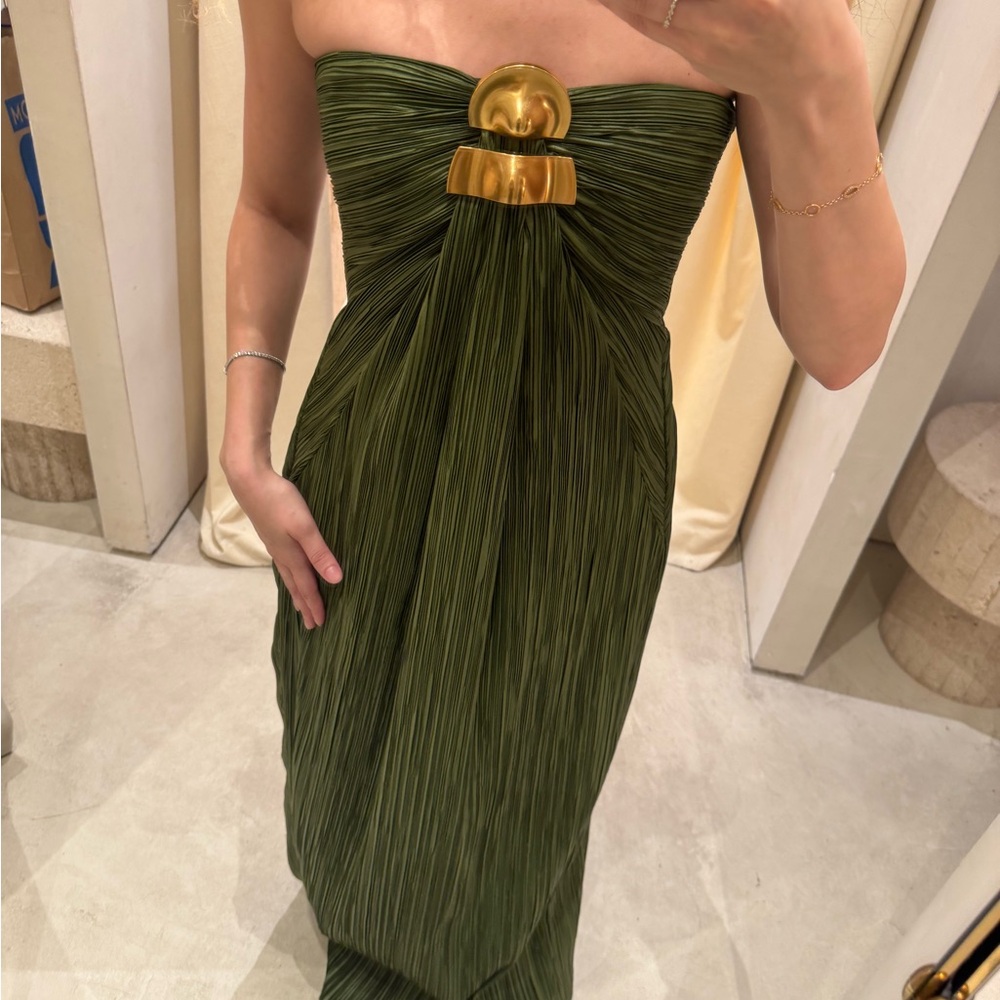 cult gaia Olive Green Strapless Pleated Maxi Dress with Gold Accent - Picture 3 of 4